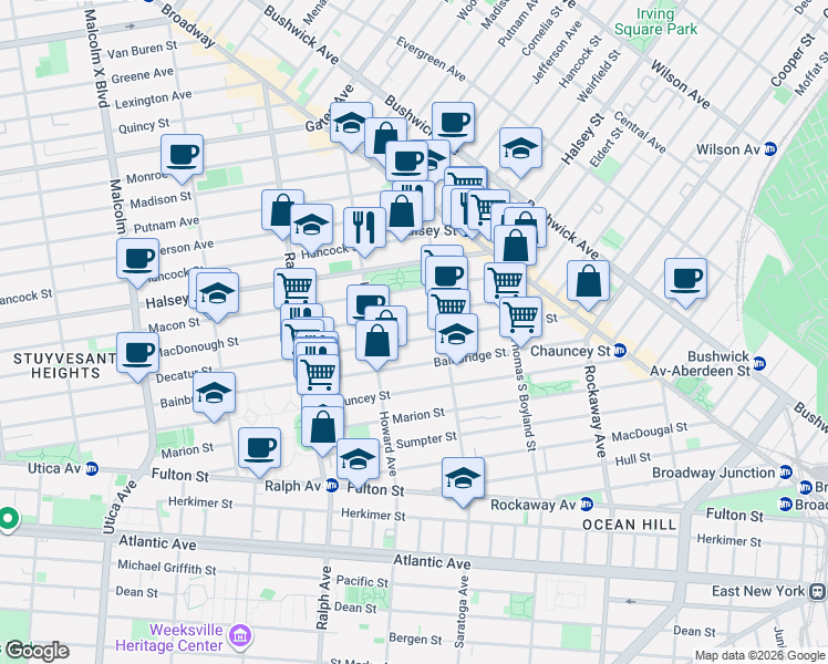 map of restaurants, bars, coffee shops, grocery stores, and more near 606 Decatur Street in Brooklyn