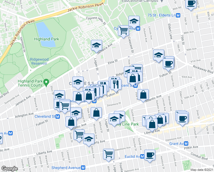 map of restaurants, bars, coffee shops, grocery stores, and more near 158 Richmond Street in Brooklyn