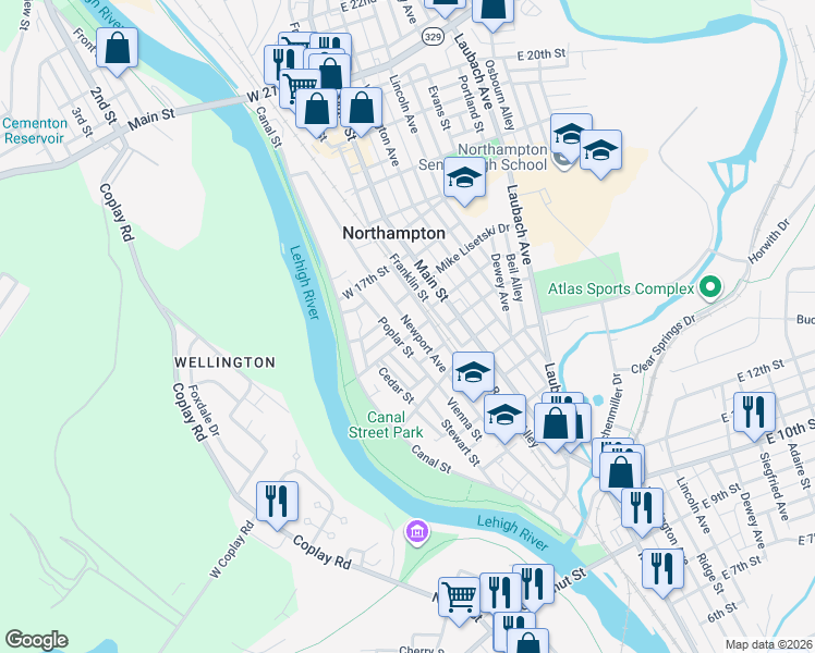 map of restaurants, bars, coffee shops, grocery stores, and more near 1608 Newport Avenue in Northampton