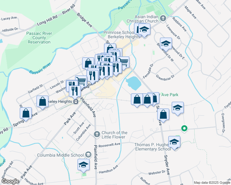 map of restaurants, bars, coffee shops, grocery stores, and more near 10 Sherman Avenue South in Berkeley Heights