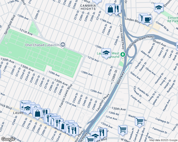 map of restaurants, bars, coffee shops, grocery stores, and more near 121-68 234th Street in Queens