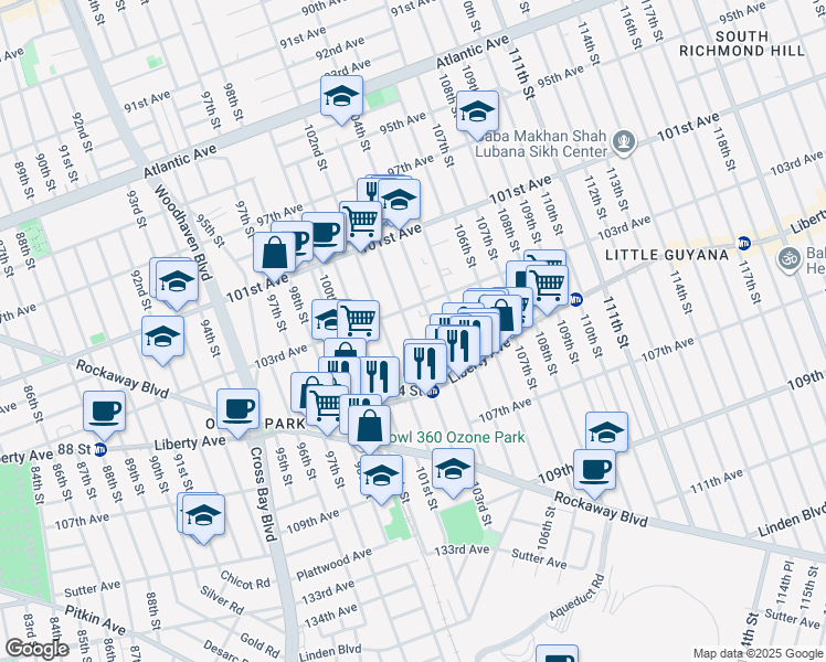 map of restaurants, bars, coffee shops, grocery stores, and more near 103-33 102nd Street in Queens