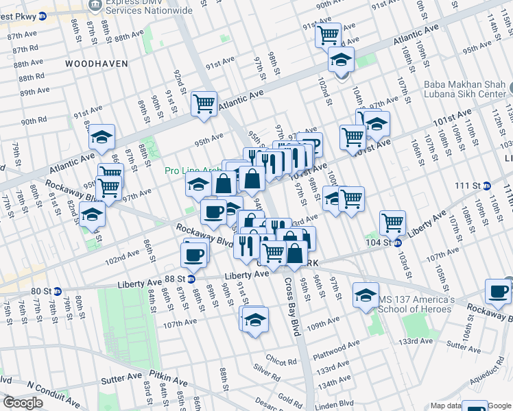map of restaurants, bars, coffee shops, grocery stores, and more near 101-36 94th Street in Queens