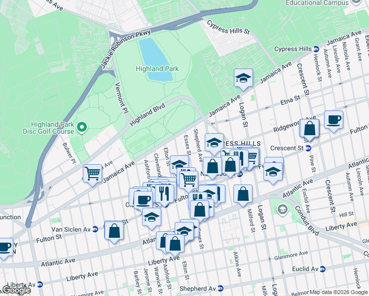 map of restaurants, bars, coffee shops, grocery stores, and more near 131 Ridgewood Avenue in Brooklyn