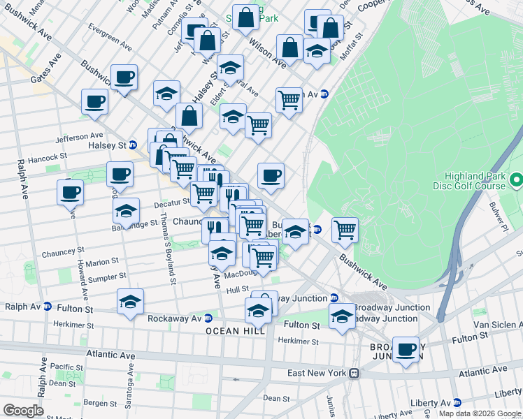 map of restaurants, bars, coffee shops, grocery stores, and more near 1469 Bushwick Avenue in Brooklyn
