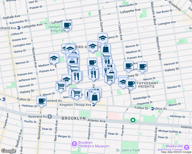 map of restaurants, bars, coffee shops, grocery stores, and more near 559 Throop Avenue in Brooklyn