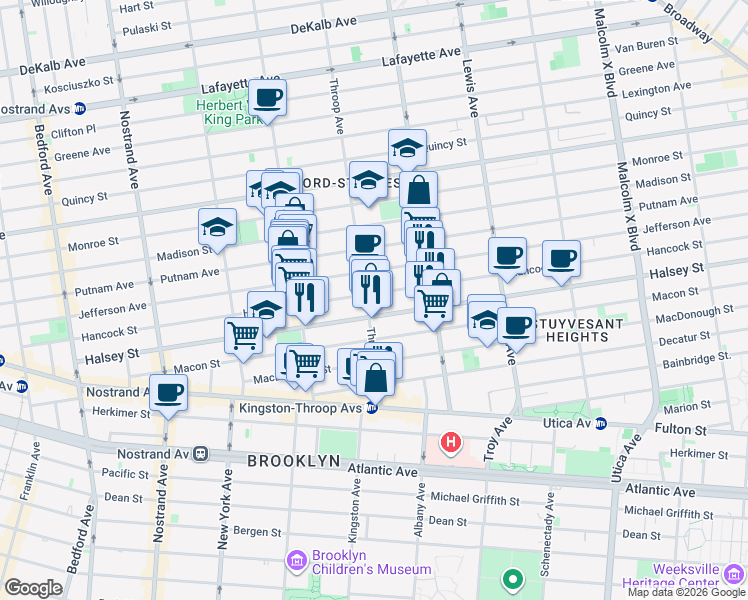 map of restaurants, bars, coffee shops, grocery stores, and more near 559 Throop Avenue in Brooklyn