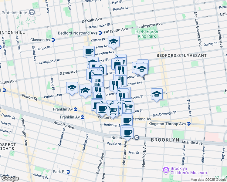 map of restaurants, bars, coffee shops, grocery stores, and more near 156 Jefferson Avenue in Brooklyn