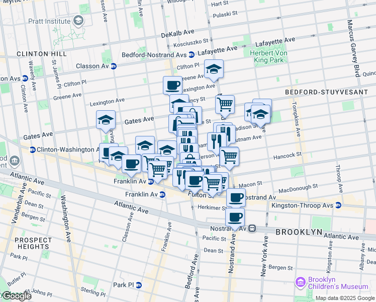 map of restaurants, bars, coffee shops, grocery stores, and more near 103 Jefferson Avenue in Brooklyn