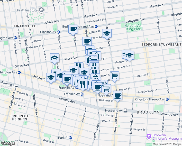 map of restaurants, bars, coffee shops, grocery stores, and more near 71 Jefferson Avenue in Brooklyn