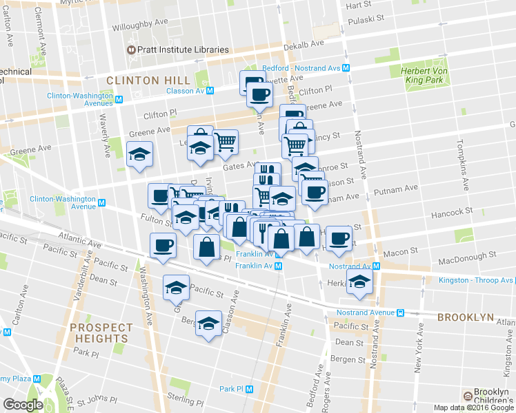 map of restaurants, bars, coffee shops, grocery stores, and more near 3 Claver Place in Brooklyn