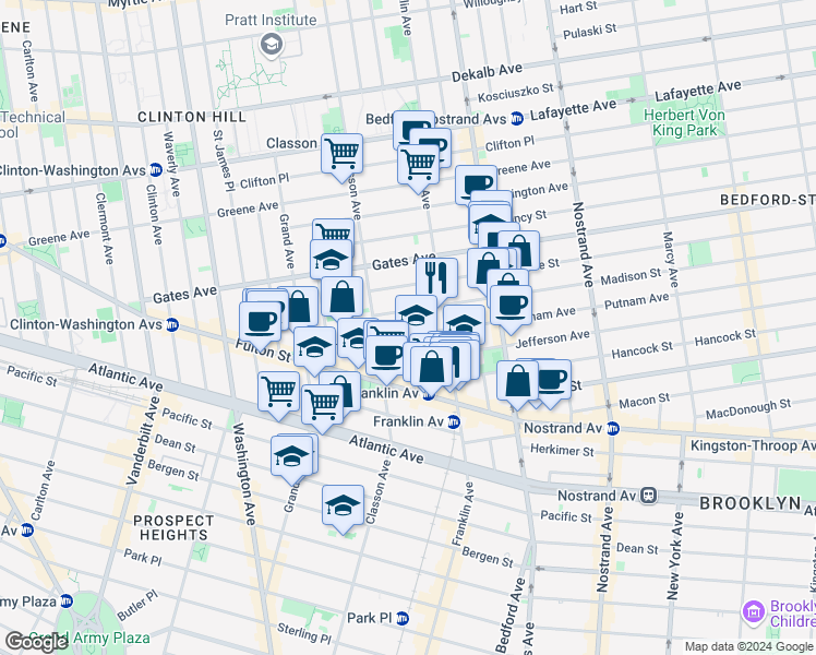 map of restaurants, bars, coffee shops, grocery stores, and more near 3 Claver Place in Brooklyn