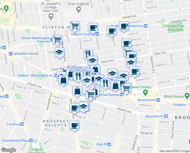 map of restaurants, bars, coffee shops, grocery stores, and more near 43 Putnam Avenue in Brooklyn