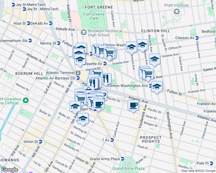 map of restaurants, bars, coffee shops, grocery stores, and more near 213 South Oxford Street in Brooklyn