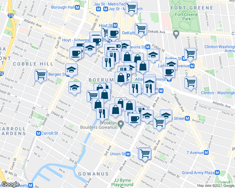map of restaurants, bars, coffee shops, grocery stores, and more near 180 Nevins Street in Brooklyn