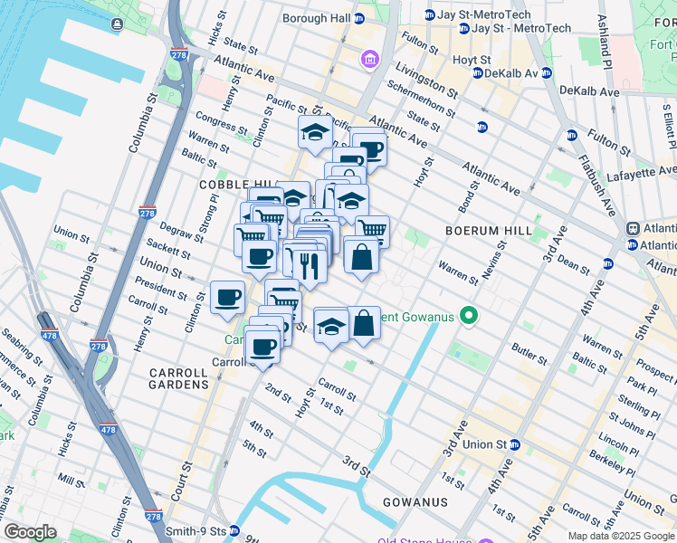 map of restaurants, bars, coffee shops, grocery stores, and more near 84 Douglass Street in Brooklyn