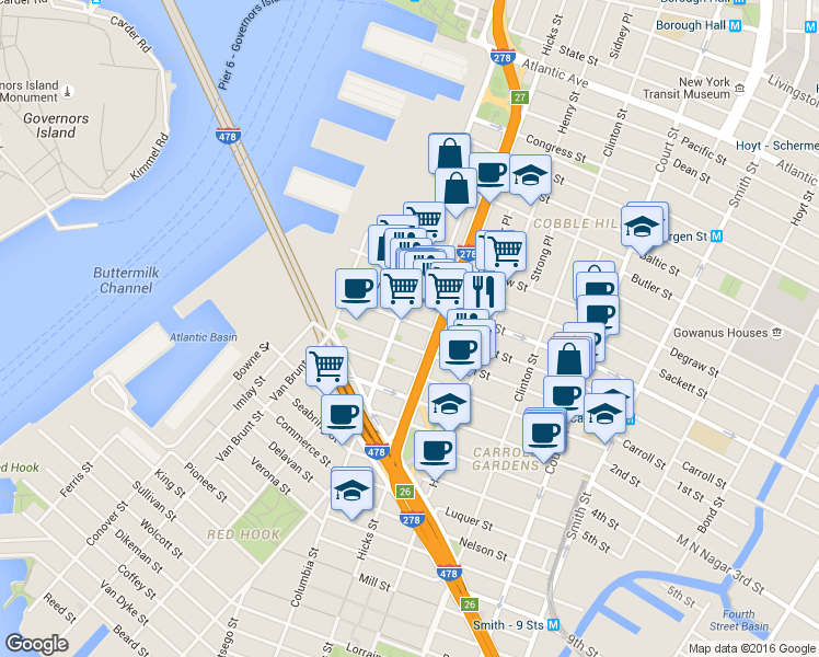 map of restaurants, bars, coffee shops, grocery stores, and more near 87 Carroll Street in Brooklyn