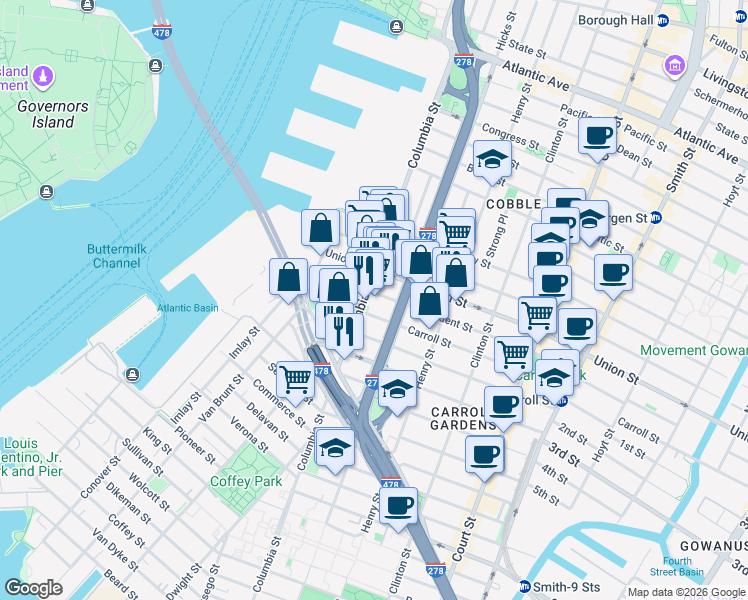 map of restaurants, bars, coffee shops, grocery stores, and more near 87 Carroll Street in Brooklyn