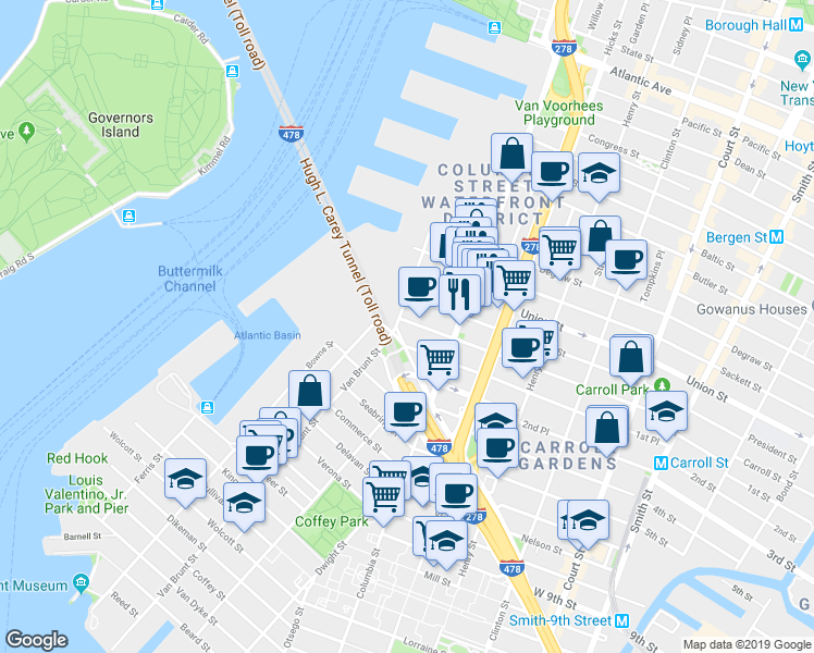 map of restaurants, bars, coffee shops, grocery stores, and more near 100 Hamilton Avenue in Brooklyn