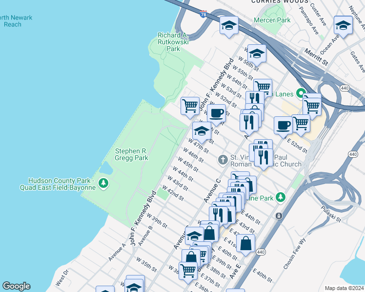 map of restaurants, bars, coffee shops, grocery stores, and more near 1074 John F. Kennedy Boulevard in Bayonne
