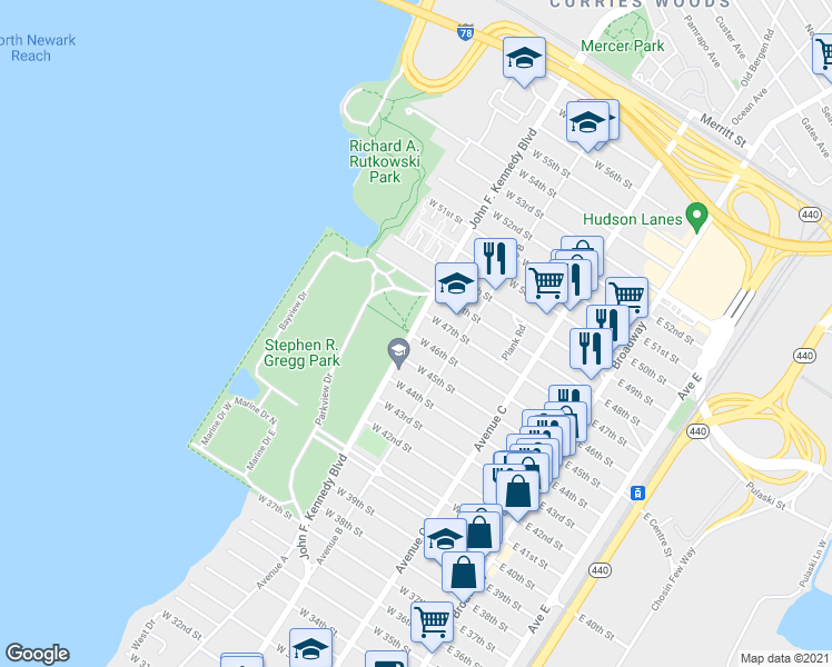 map of restaurants, bars, coffee shops, grocery stores, and more near 1074 John F. Kennedy Boulevard in Bayonne
