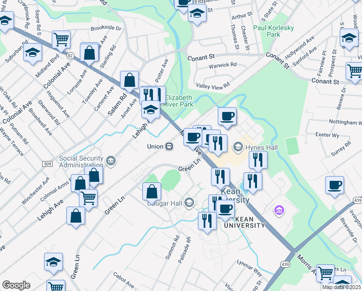 map of restaurants, bars, coffee shops, grocery stores, and more near in Union
