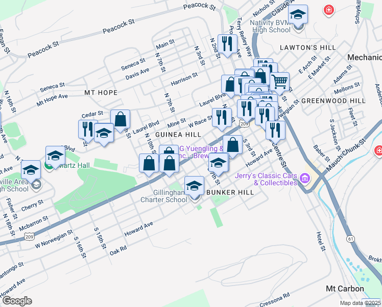 map of restaurants, bars, coffee shops, grocery stores, and more near 803 West Market Street in Pottsville