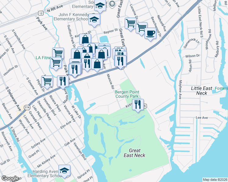 map of restaurants, bars, coffee shops, grocery stores, and more near 60 Muncie Road in West Babylon