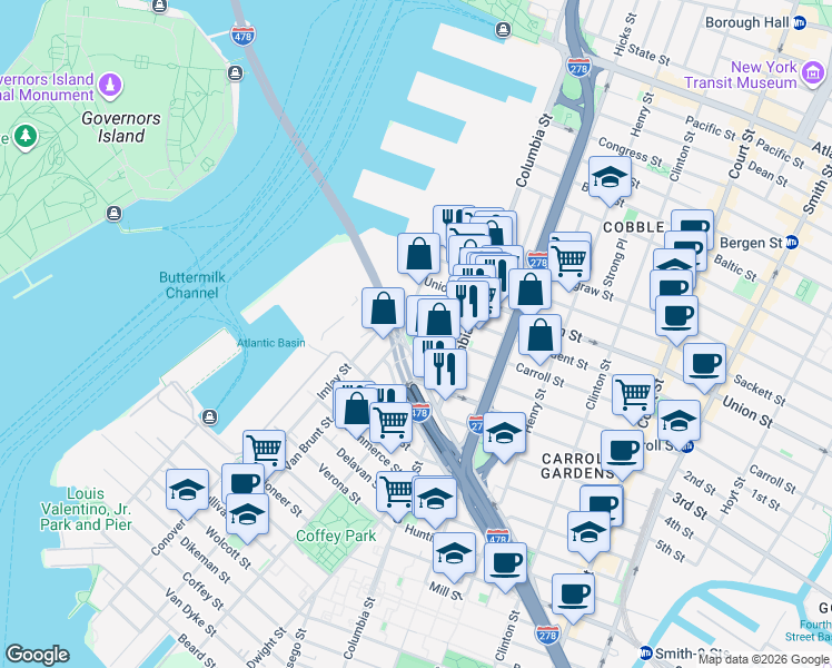 map of restaurants, bars, coffee shops, grocery stores, and more near 12 Carroll Street in Brooklyn