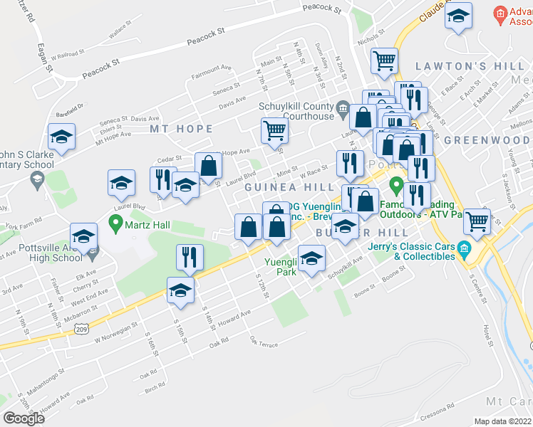 map of restaurants, bars, coffee shops, grocery stores, and more near 227 North 9th Street in Pottsville
