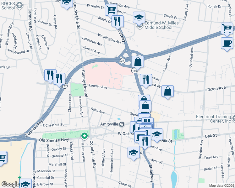 map of restaurants, bars, coffee shops, grocery stores, and more near 7 Joseph Court in Amityville