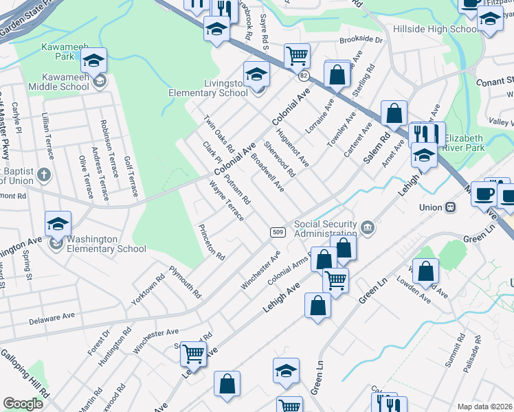 map of restaurants, bars, coffee shops, grocery stores, and more near 333 Putnam Road in Union
