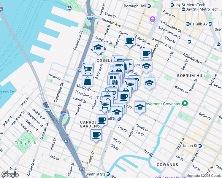 map of restaurants, bars, coffee shops, grocery stores, and more near 283 Sackett Street in Brooklyn