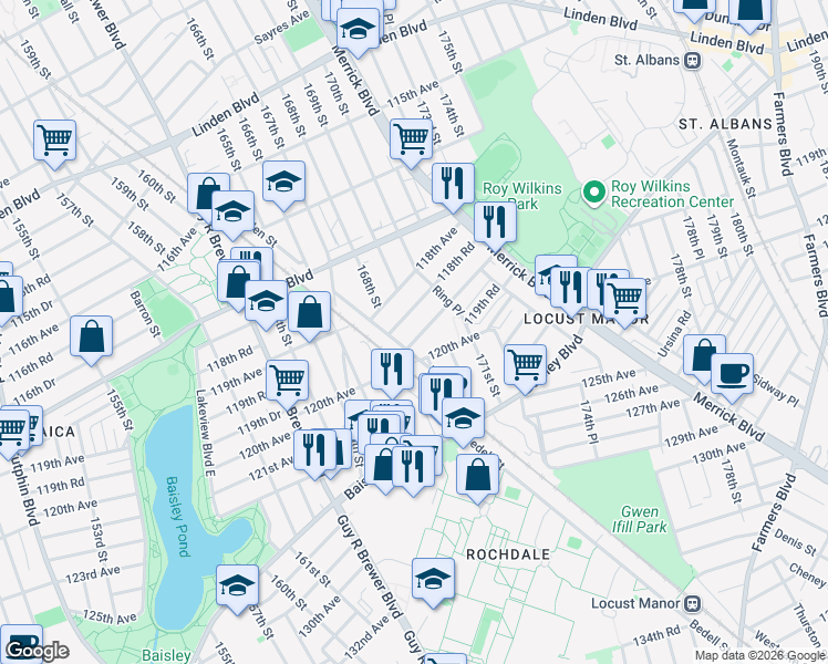 map of restaurants, bars, coffee shops, grocery stores, and more near 169-09 120th Avenue in Queens
