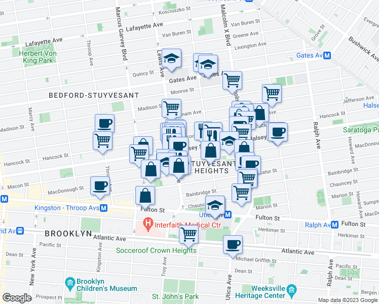 map of restaurants, bars, coffee shops, grocery stores, and more near 455A Macon Street in Brooklyn