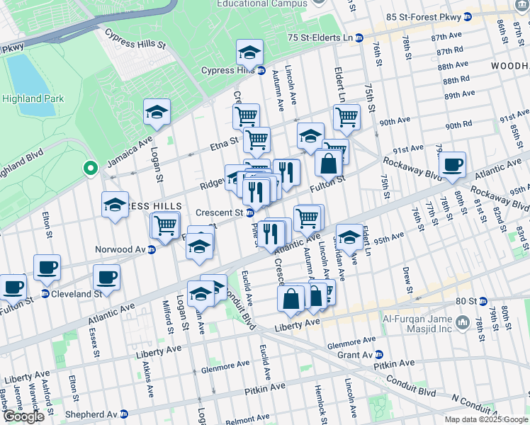 map of restaurants, bars, coffee shops, grocery stores, and more near 234 A Crescent Street in Brooklyn
