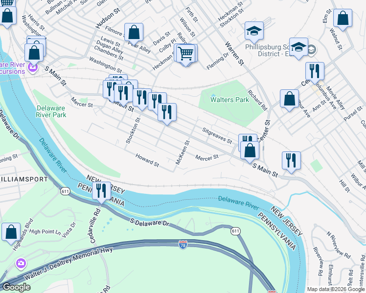 map of restaurants, bars, coffee shops, grocery stores, and more near 288 Mercer Street in Phillipsburg