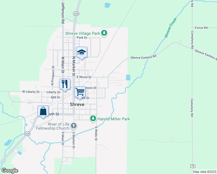 map of restaurants, bars, coffee shops, grocery stores, and more near Water Street in Shreve