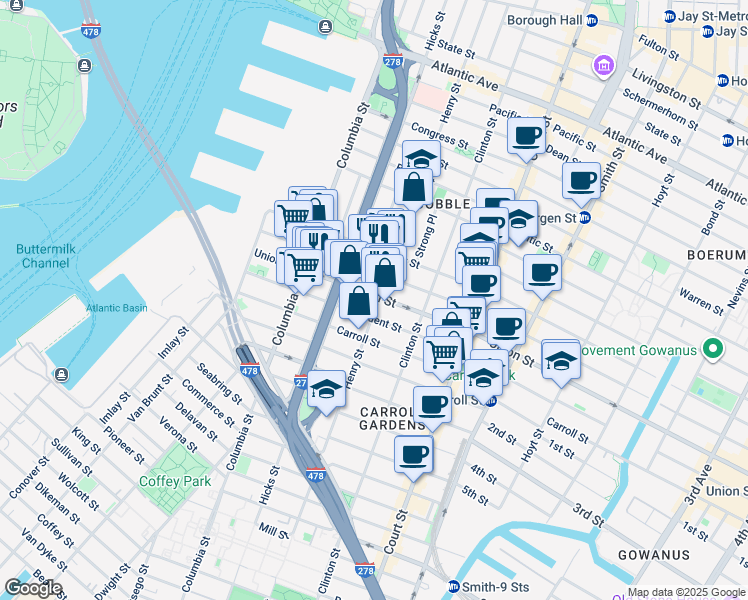 map of restaurants, bars, coffee shops, grocery stores, and more near 520 Henry Street in Brooklyn