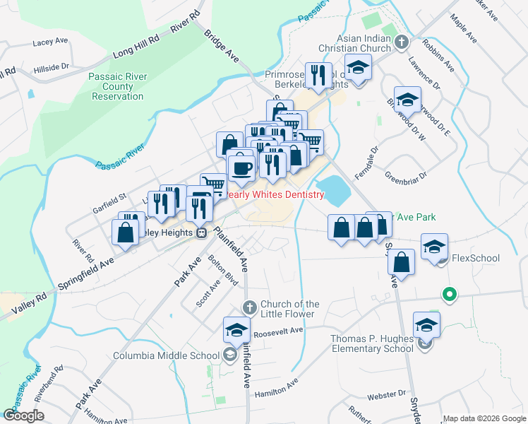 map of restaurants, bars, coffee shops, grocery stores, and more near 230-250 Sherman Avenue in Berkeley Heights