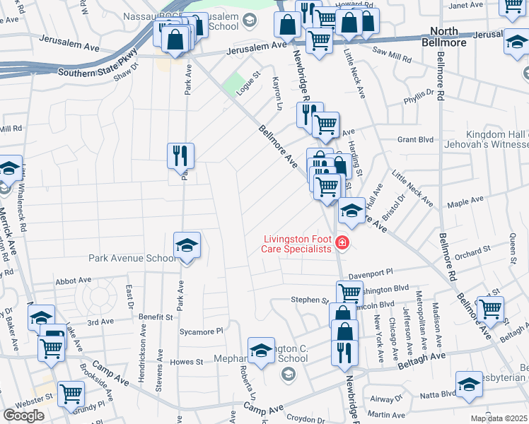 map of restaurants, bars, coffee shops, grocery stores, and more near 2303 Lincoln Street in Bellmore