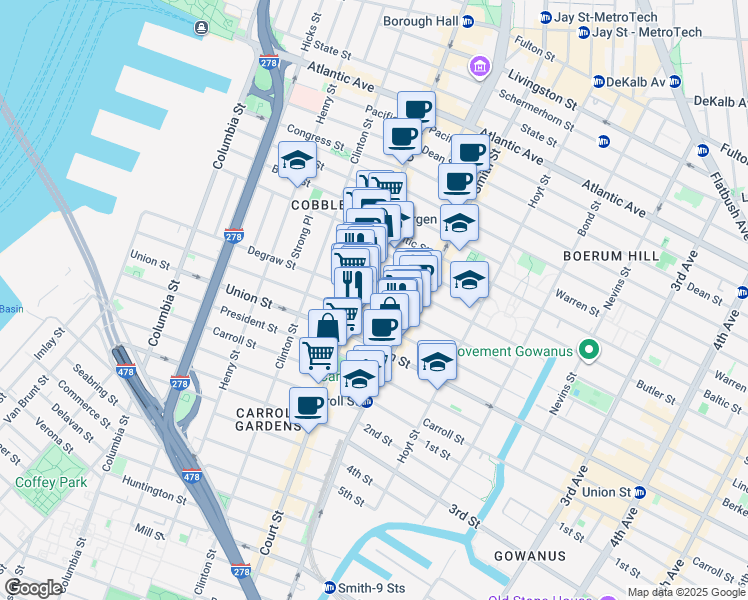 map of restaurants, bars, coffee shops, grocery stores, and more near 320 Degraw Street in Brooklyn