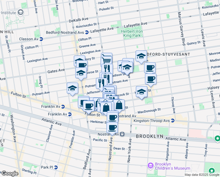 map of restaurants, bars, coffee shops, grocery stores, and more near 425 Nostrand Avenue in Brooklyn