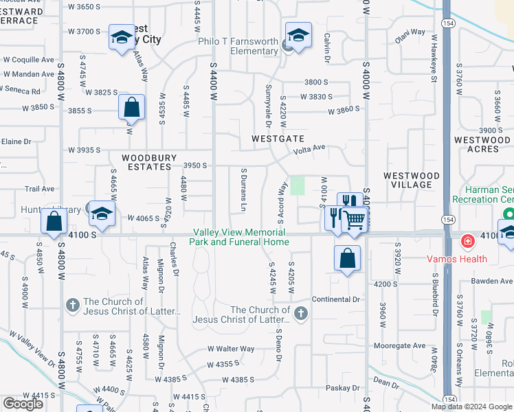 map of restaurants, bars, coffee shops, grocery stores, and more near 4046 South 4275 West in West Valley City
