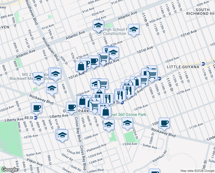 map of restaurants, bars, coffee shops, grocery stores, and more near 103-06 102nd Street in Queens