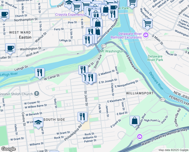 map of restaurants, bars, coffee shops, grocery stores, and more near 220 Folk Street in Easton