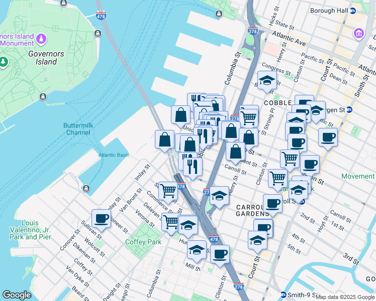 map of restaurants, bars, coffee shops, grocery stores, and more near 50 Carroll Street in Brooklyn