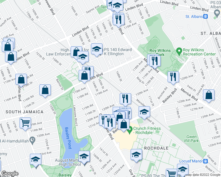 map of restaurants, bars, coffee shops, grocery stores, and more near 119th Avenue in Queens