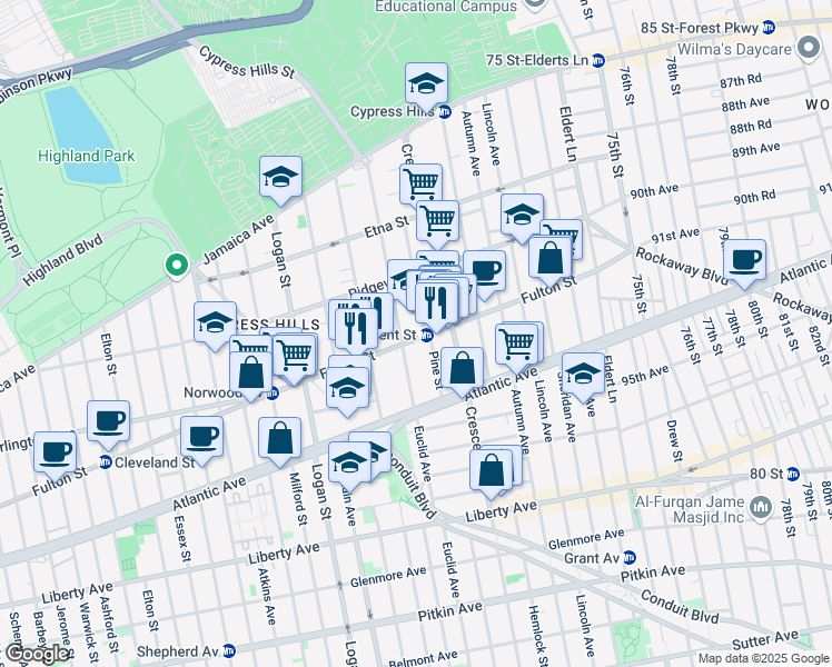 map of restaurants, bars, coffee shops, grocery stores, and more near 3298 Fulton Street in Brooklyn
