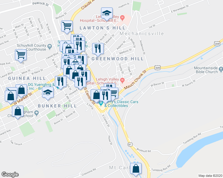 map of restaurants, bars, coffee shops, grocery stores, and more near 499 Washington Street in Pottsville